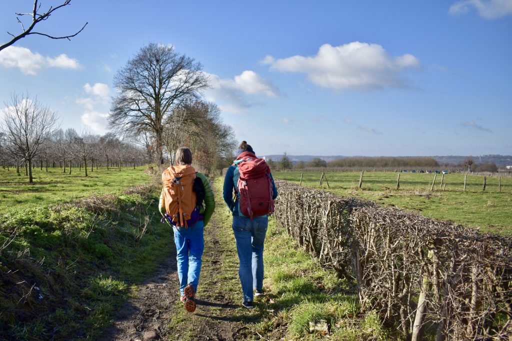 Wandelaars met rugzak onderweg in het Limburgse landschap